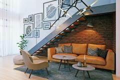 Décoration d'un escalier moderne avec la création d'un espace salon juste en dessous