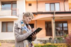 Une femme agent immobilier prend des notes sur une maison, dans la rue, en vue de son évaluation immobilière