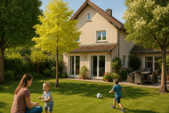 Maison avec des arbres résistants à la chaleur pour se protéger du soleil 