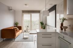 Salon lumineux avec canapé marron cuivré. 