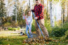 Un homme ratisse les feuilles mortes dans le jardin avec une petite fille