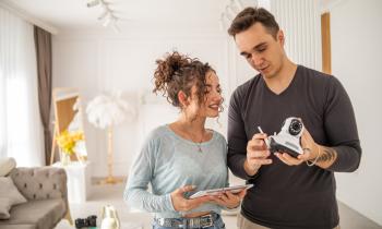 une jeune femme avec un jeune homme qui tient une camera de surveillance pour l'installer dans une maison
