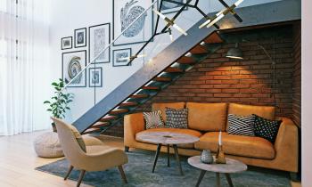 Décoration d'un escalier moderne avec la création d'un espace salon juste en dessous