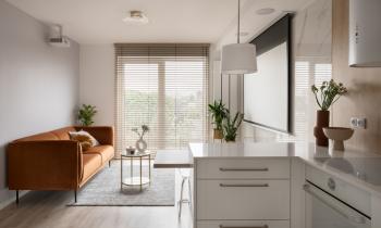 Salon lumineux avec canapé marron cuivré. 