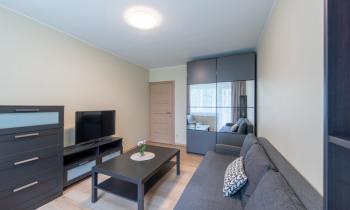 Petit appartement de location aux tons gris, avec un canapé, une table basse, une télévision et une commode. 