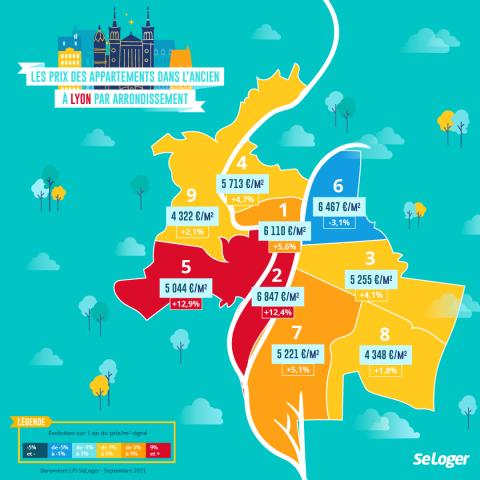 Le 2e et le 5e arrondissements de Lyon affichent les plus fortes progressions sur 1 an. ©SeLoger <em>Modifier Article</em> A Lyon, les prix immobiliers se stabilisent après une forte hausse