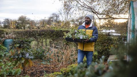 monsieur avec des plantes dans les mains dans un jardin