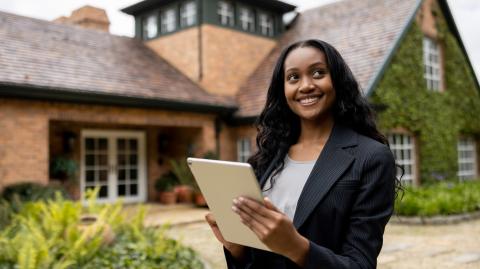 Une jeune femme, agent immobilier, consulte sa tablette avec le sourire devant une magnifique maison