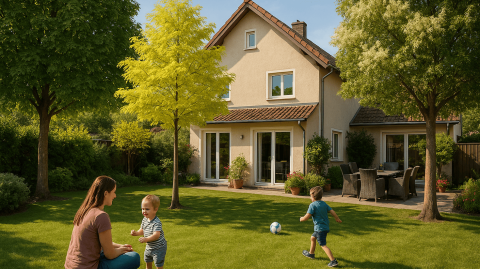 Maison avec des arbres résistants à la chaleur pour se protéger du soleil 