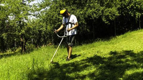 Un homme portant un équipement de protection assure le débroussaillement de son jardin