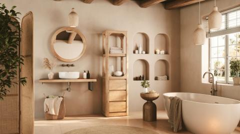 Le bois clair offre une atmosphère chaleureuse et lumineuse dans une salle de bain. © imaginima - Getty images