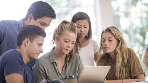 Un groupe de 5 étudiants étudie avec attention un contrat sur une tablette