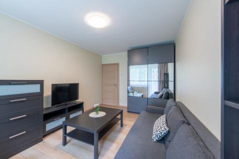 Petit appartement de location aux tons gris, avec un canapé, une table basse, une télévision et une commode. 