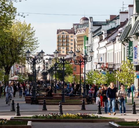 Rue piétonne de Brest bordée d'arbres et de boutiques par une journée ensoleillée