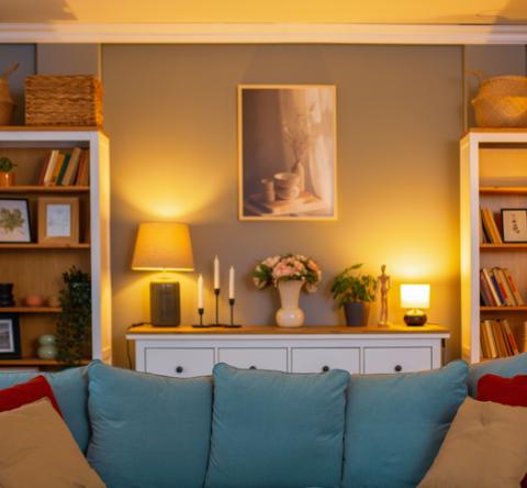Petit salon cosy éclairé, avec un canapé bleu et des coussins rouges. 