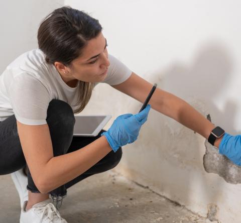 Une jeune femme accroupie inspecte le bas d'un mur dégradé par l'humidité