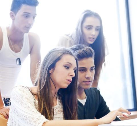 Un groupe de 4 étudiants effectue une recherche sur un ordinateur