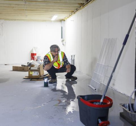 Un homme accroupi recherche les causes d'une inondation dans un sous-sol