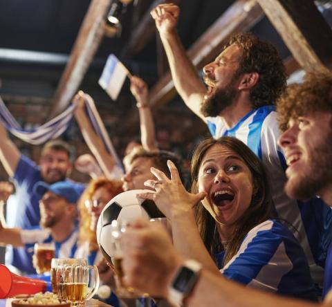 Des supporters de foot français s'enthousiasment devant un match de leur équipe diffusé dans un pub