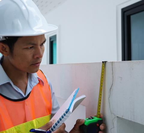 Un expert inspecte les dommages liés à des fissures sur le mur d'une maison